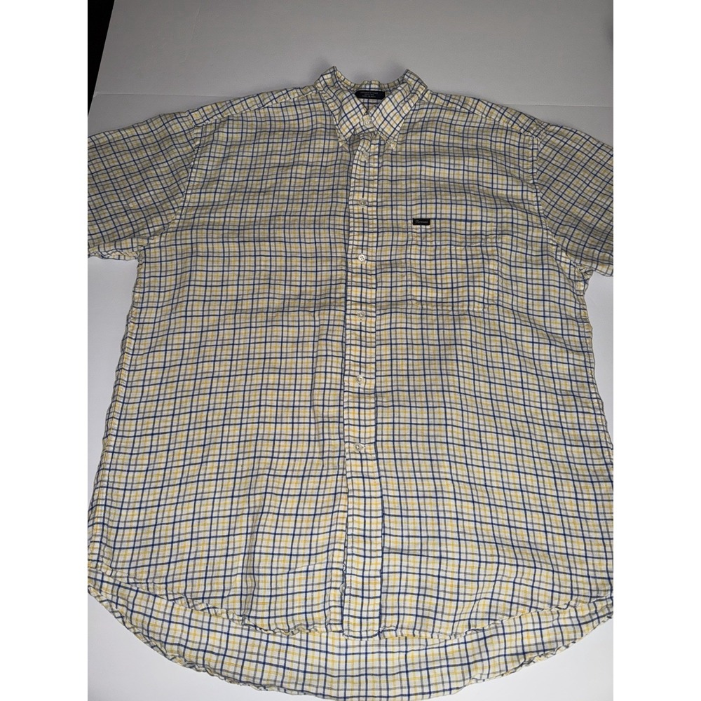 Façonnable Men XXL 100% Linen Plaid Button Down Shirt Blue Yellow Gray Casual